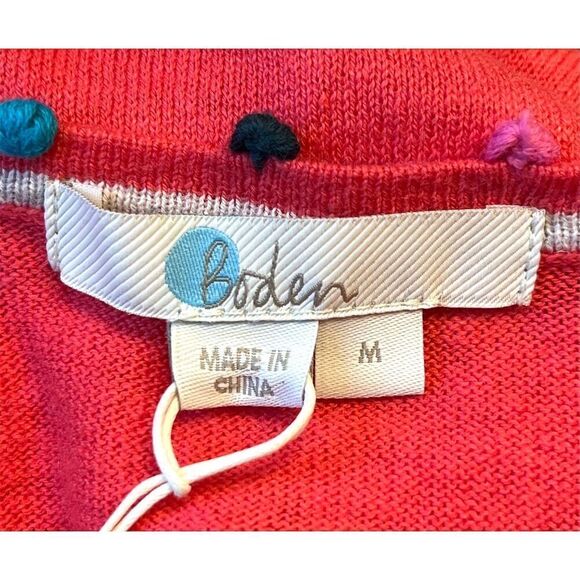 Boden Women's Linen V-Neck Pullover Sweater M Coral Pom-Pom Trim Casual Knit - Picture 10 of 13